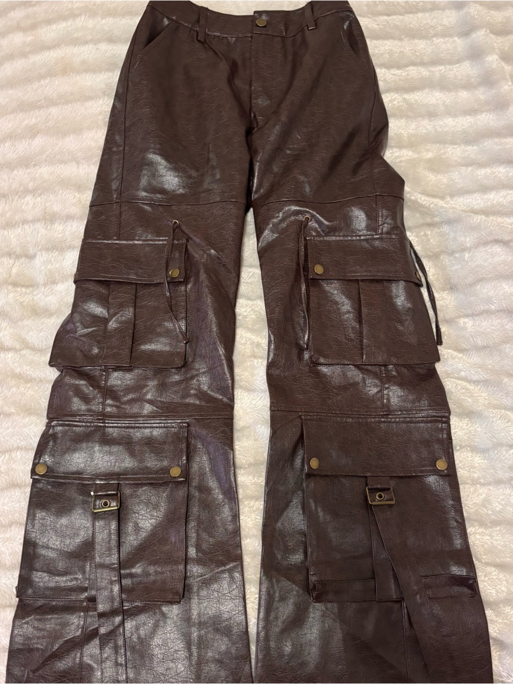 Women’s Brown Faux-Leather Cargo Pants